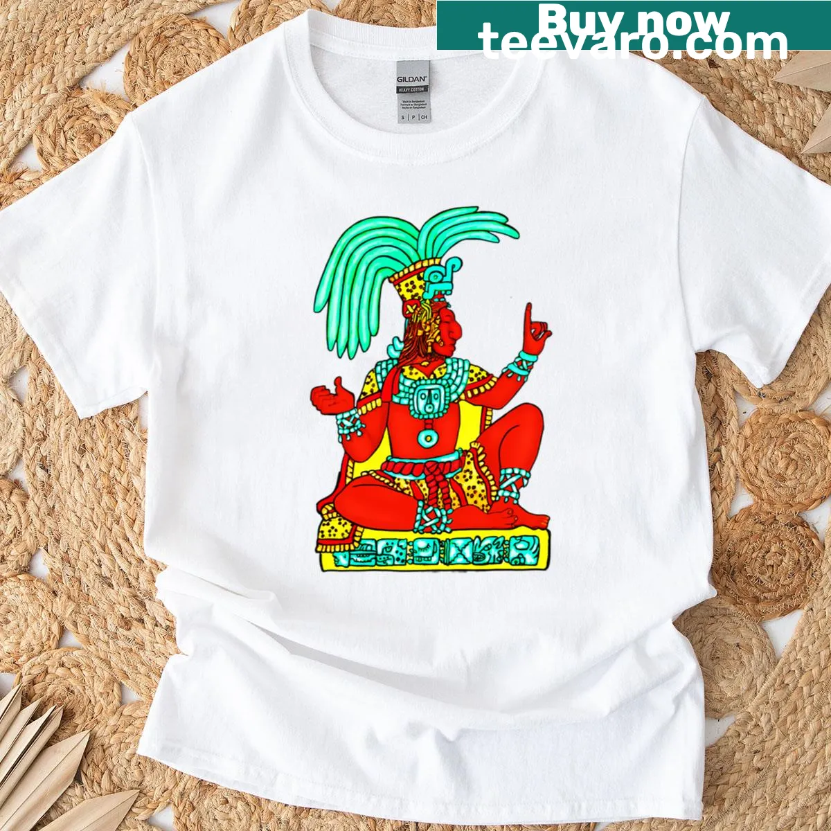 T-shirt featuring Maya King Pakal in ceremonial dress illustration — on a men's t-shirt