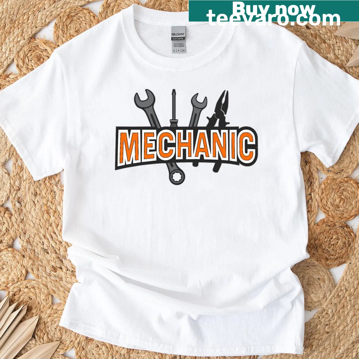 Bold mechanics quote T-shirt with Mac Tools imagery — on a men's t-shirt