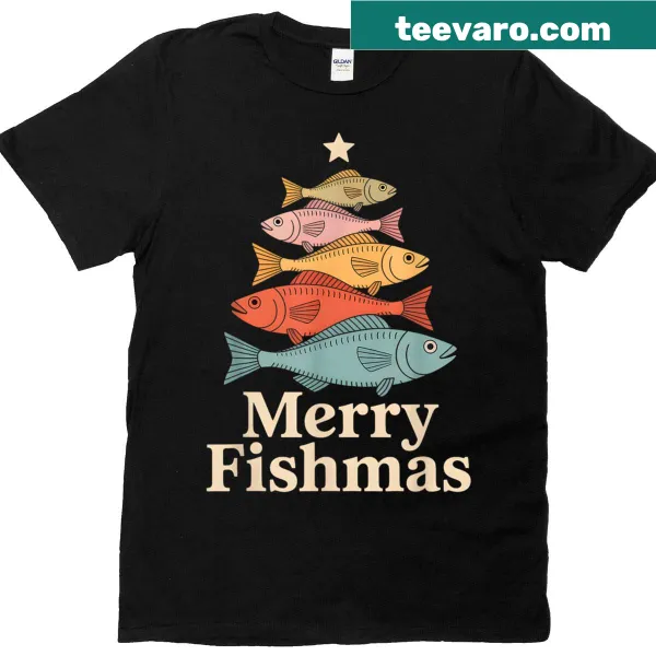Funny fishing-themed Christmas tree graphic T-shirt