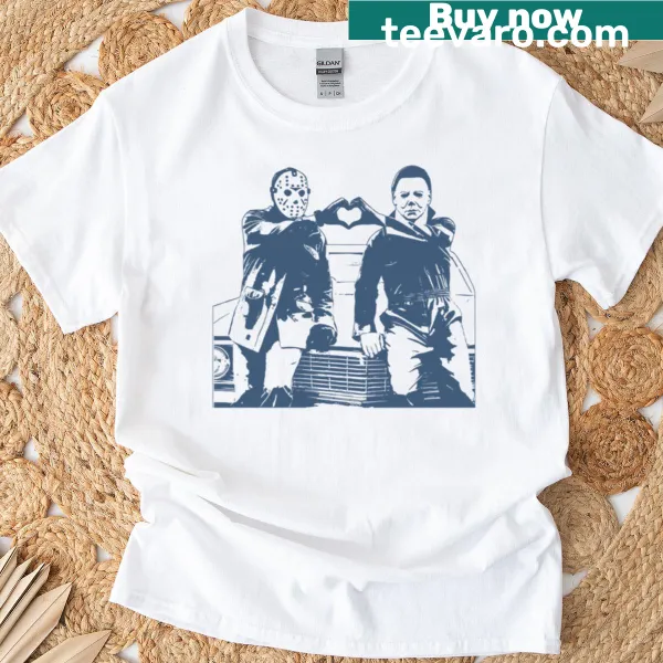 Halloween shirt featuring Michael Myers and Jason Voorhees making heart hands