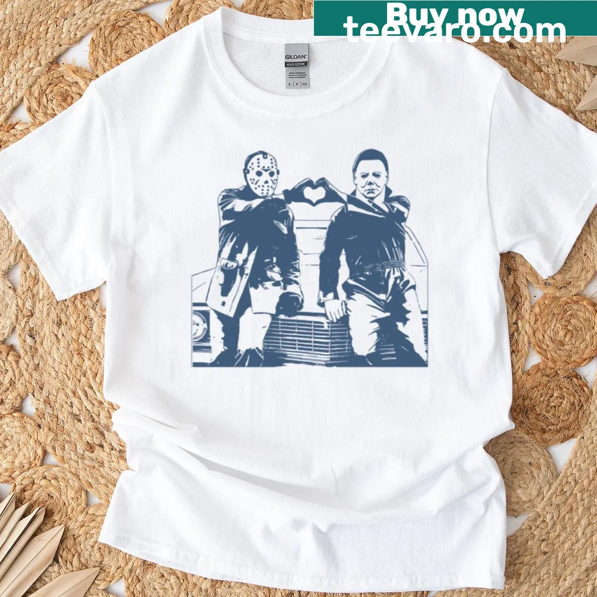 Halloween shirt featuring Michael Myers and Jason Voorhees making heart hands — on a men's t-shirt