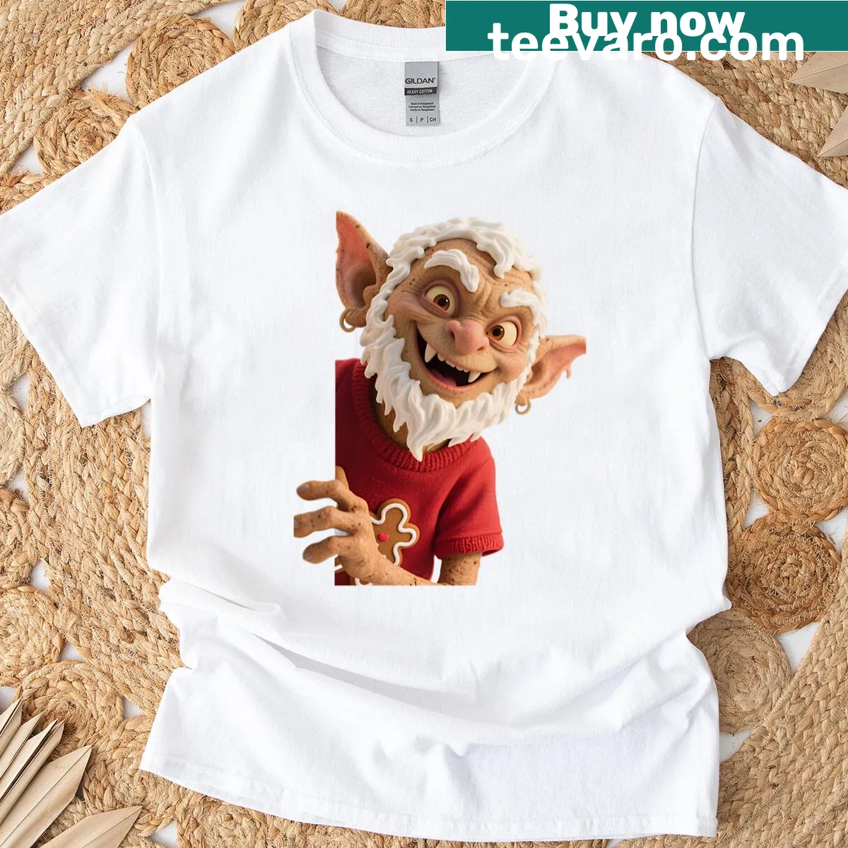 Whimsical Christmas goblin and gingerbread man design t-shirt — on a men's t-shirt
