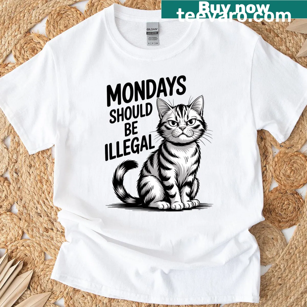 Sarcastic T-shirt featuring a cat graphic and quote about Mondays. — on a men's t-shirt