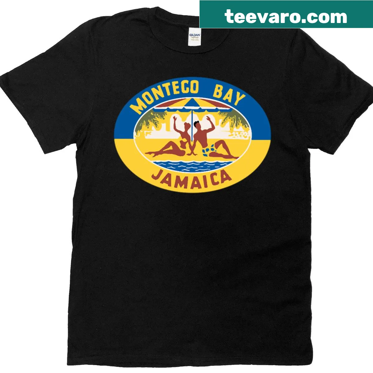 Vintage travel decal T-shirt inspired by Montego Bay, Jamaica — on a men's t-shirt