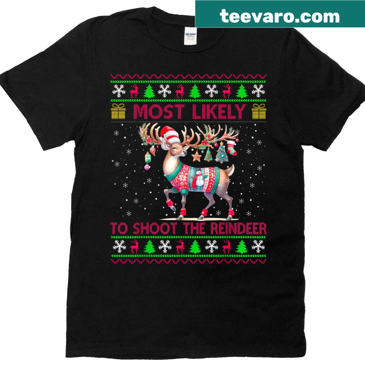 Funny Christmas shirt with text about shooting reindeer — on a men's t-shirt