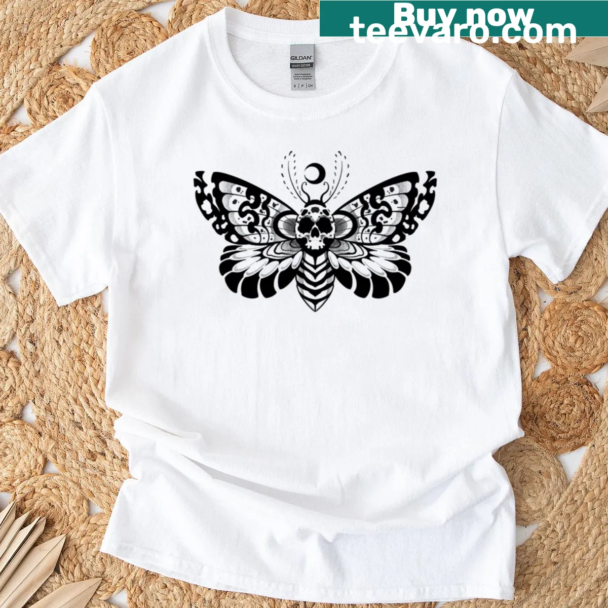 Tribal moth design in blackwork style on a T-shirt. — on a men's t-shirt