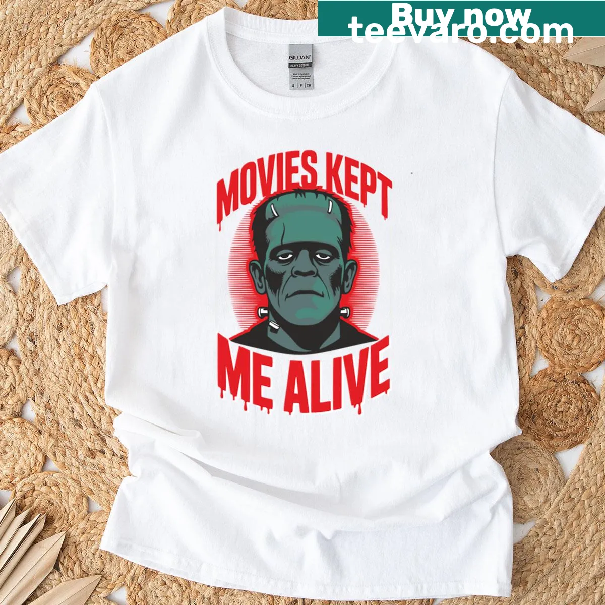 Retro Frankenstein Monster T-shirt with vintage horror poster design — on a men's t-shirt