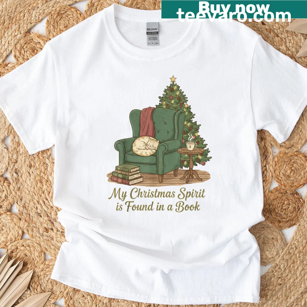 Cozy t-shirt with graphic of a book celebrating Christmas spirit — on a men's t-shirt