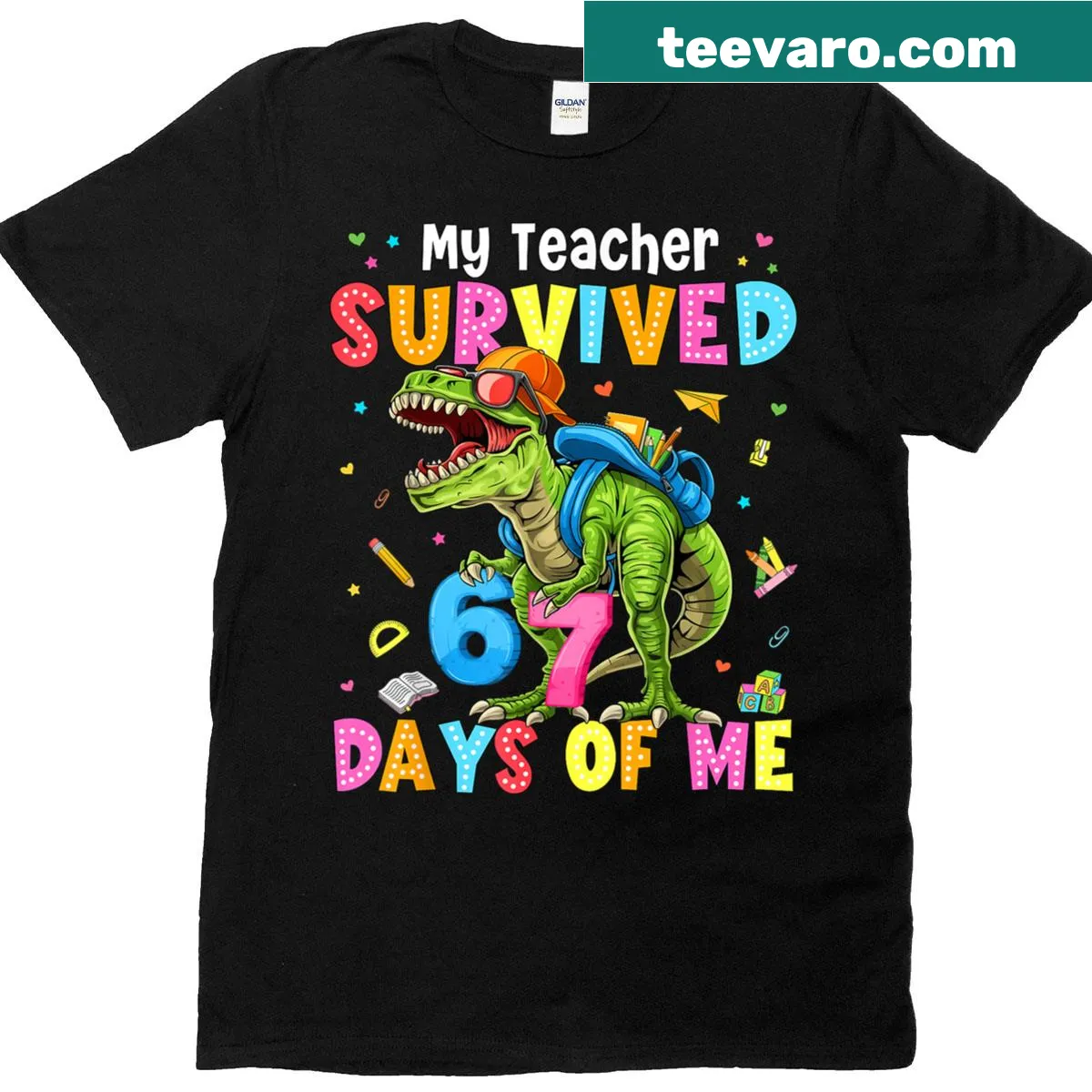 Funny kids t-shirt with 'My Teacher Survived 67 Days Of Me 67th Days Of School' text — on a men's t-shirt