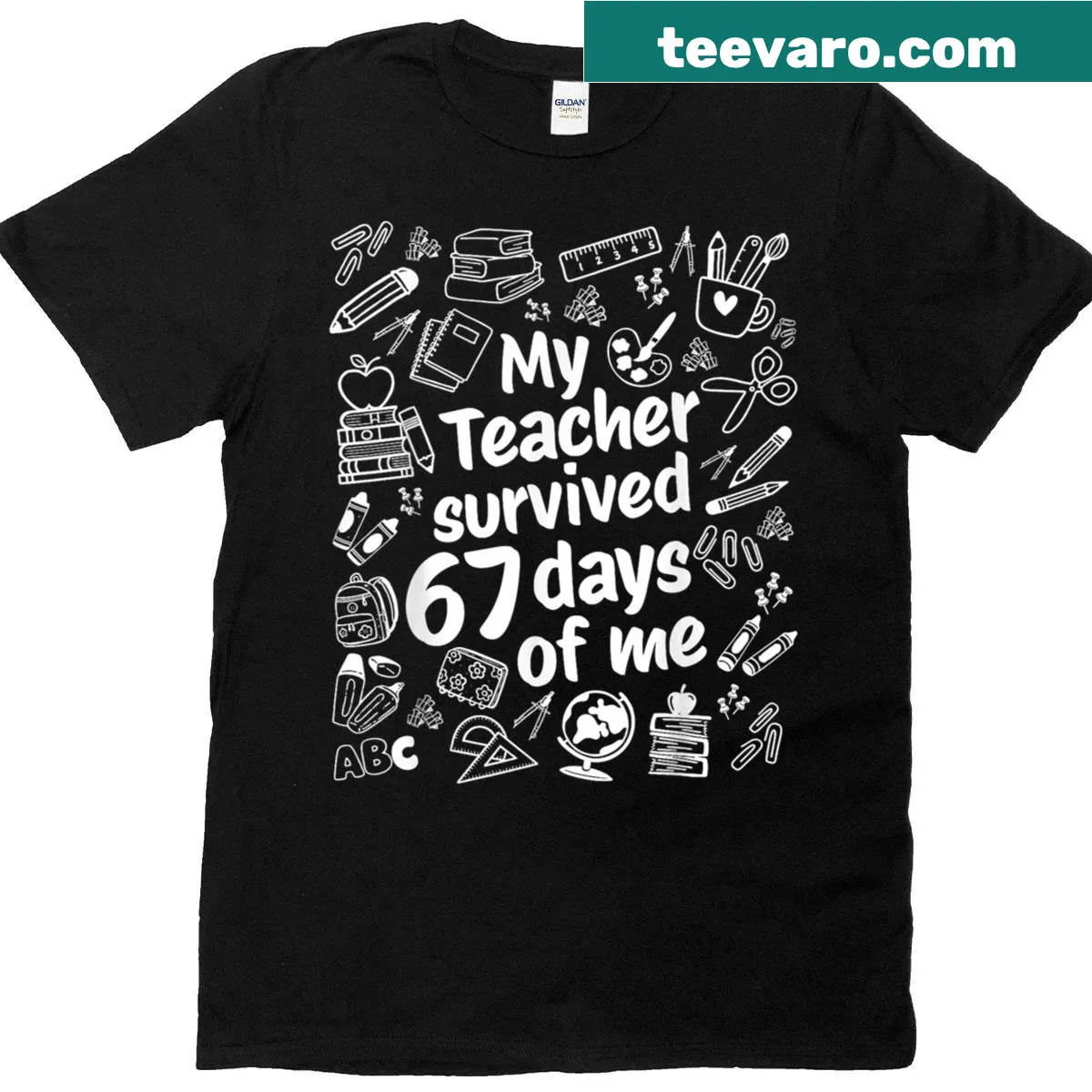 Funny kids t-shirt with 'My Teacher Survived 67 Days Of Me' text — on a men's t-shirt