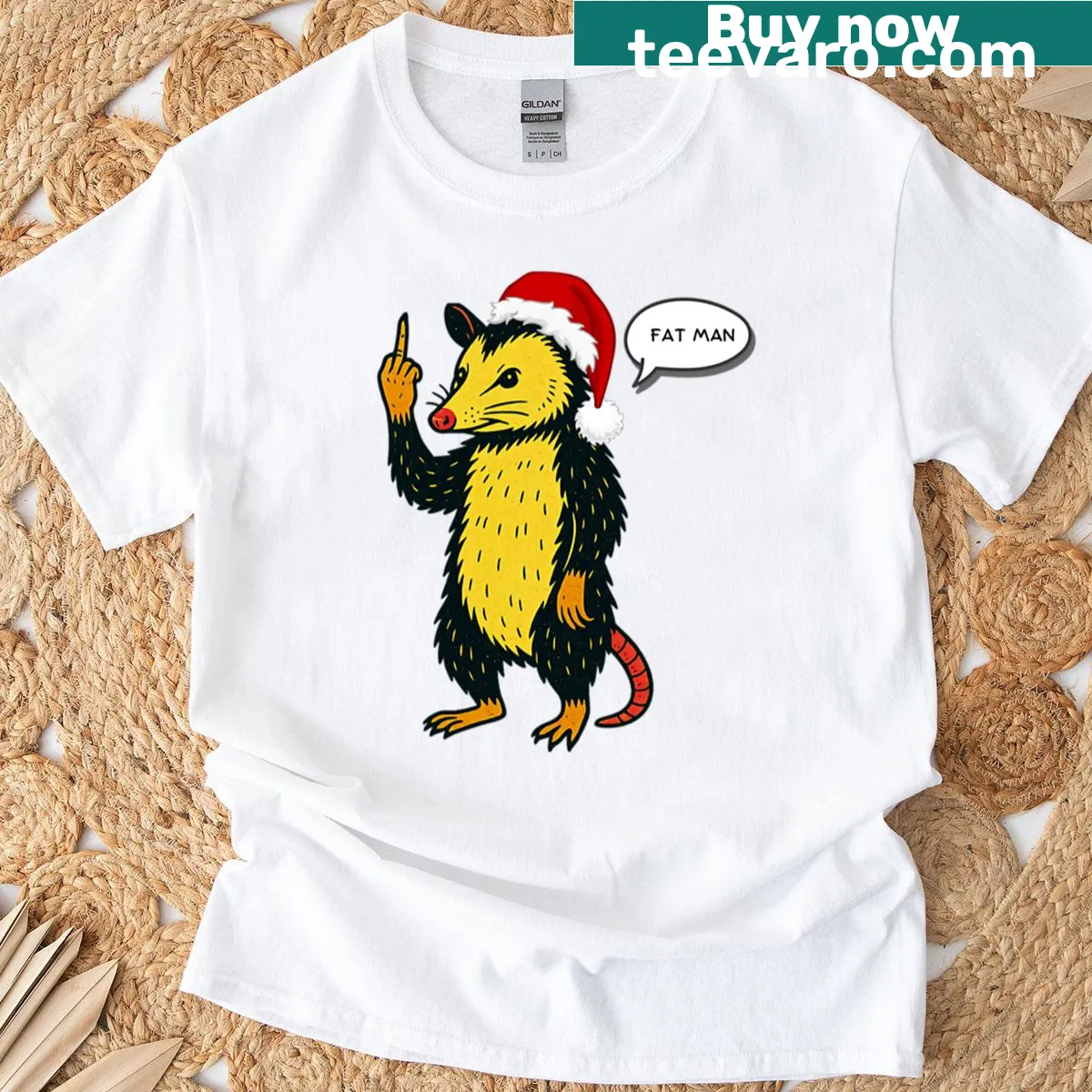 Funny T-shirt featuring a fat man and a naughty possum giving the middle finger — on a men's t-shirt