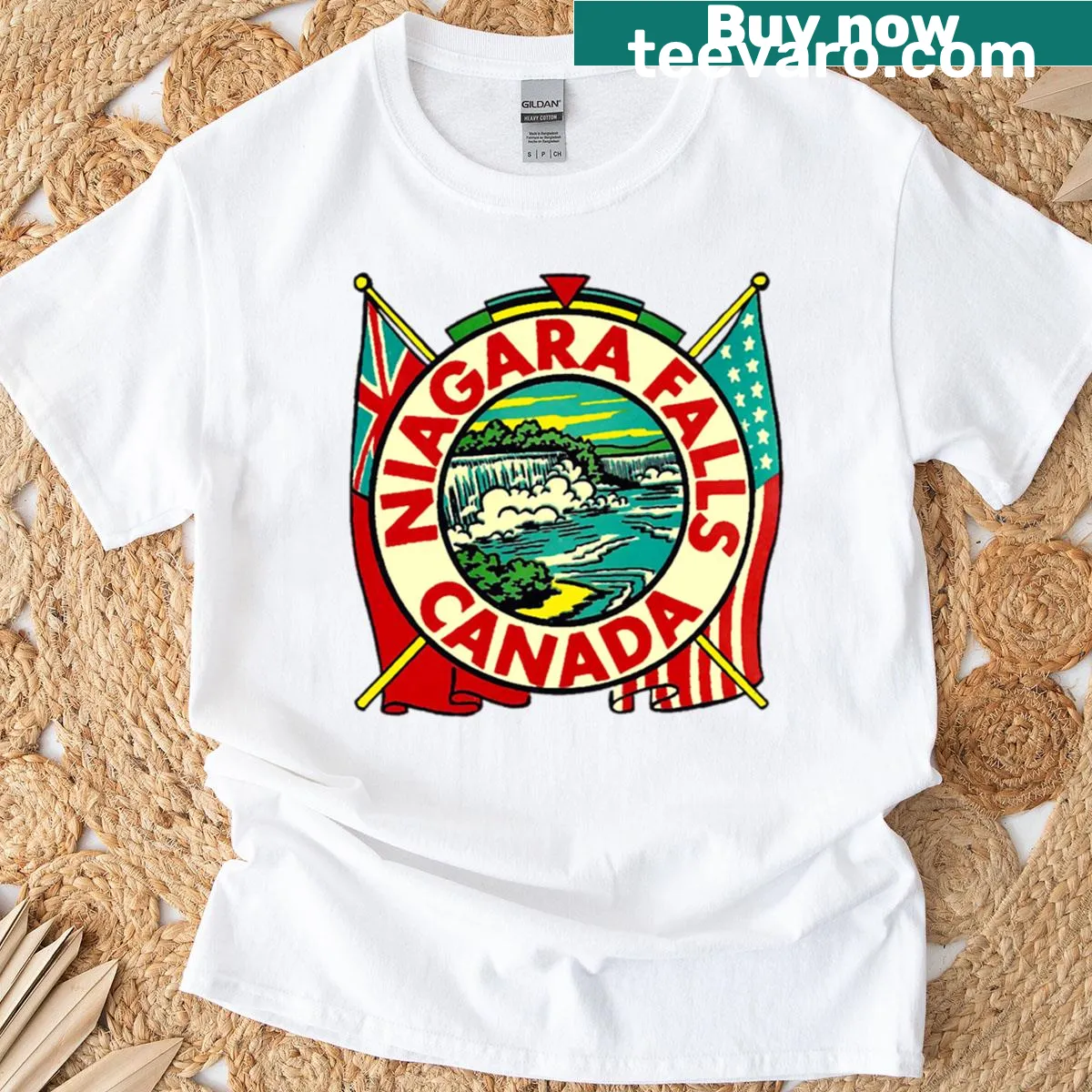 Vintage travel decal design T-shirt featuring Niagara Falls — on a men's t-shirt