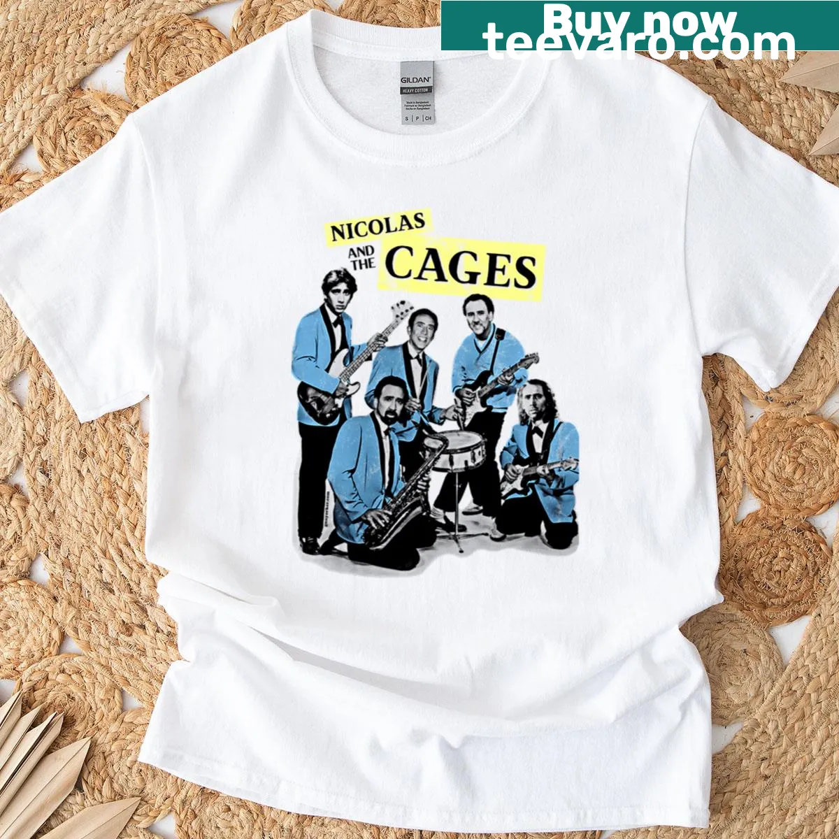 Nic Cage band graphic t-shirt with retro design — on a men's t-shirt