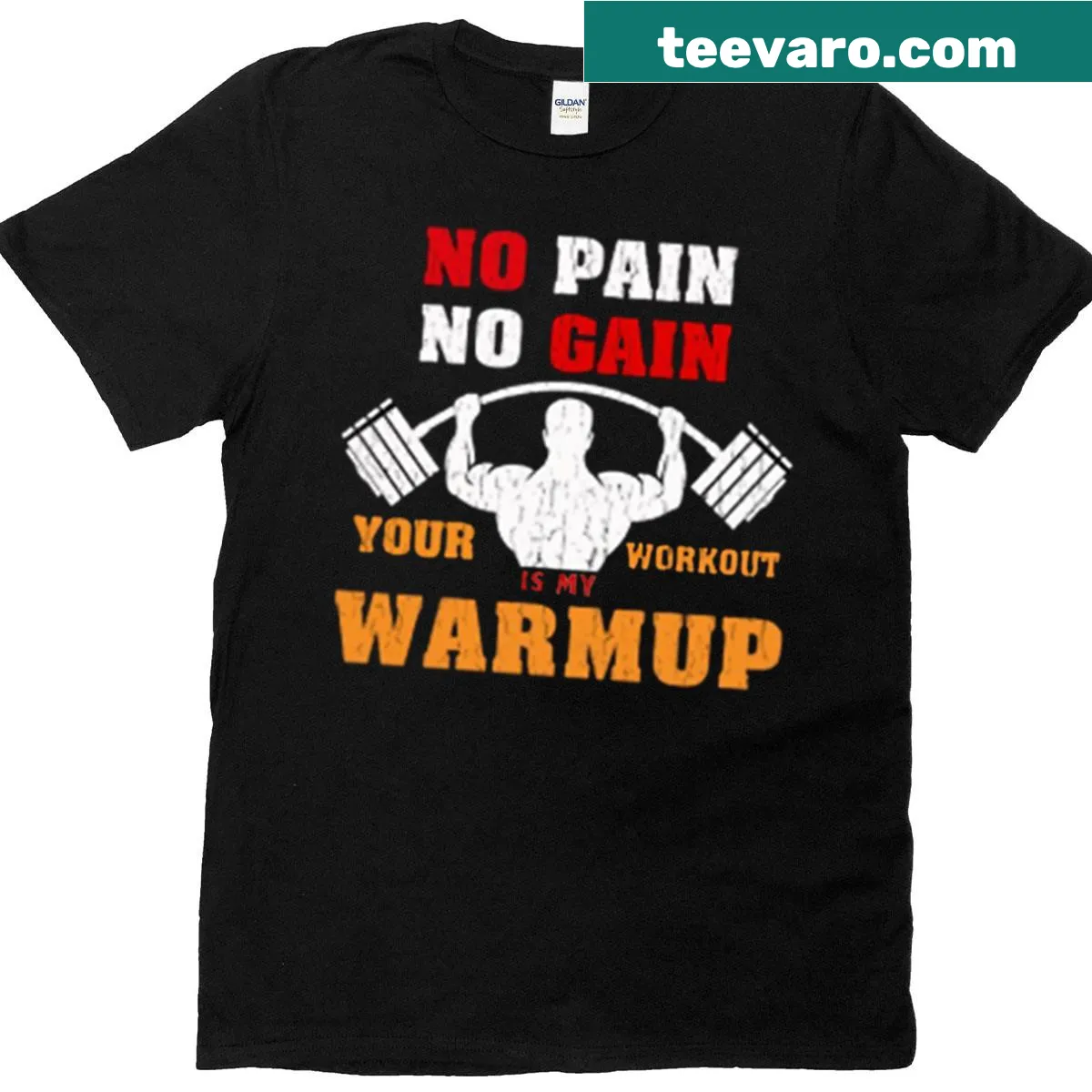 Fitness quote T-shirt with 'No Pain No Gain' text — on a men's t-shirt