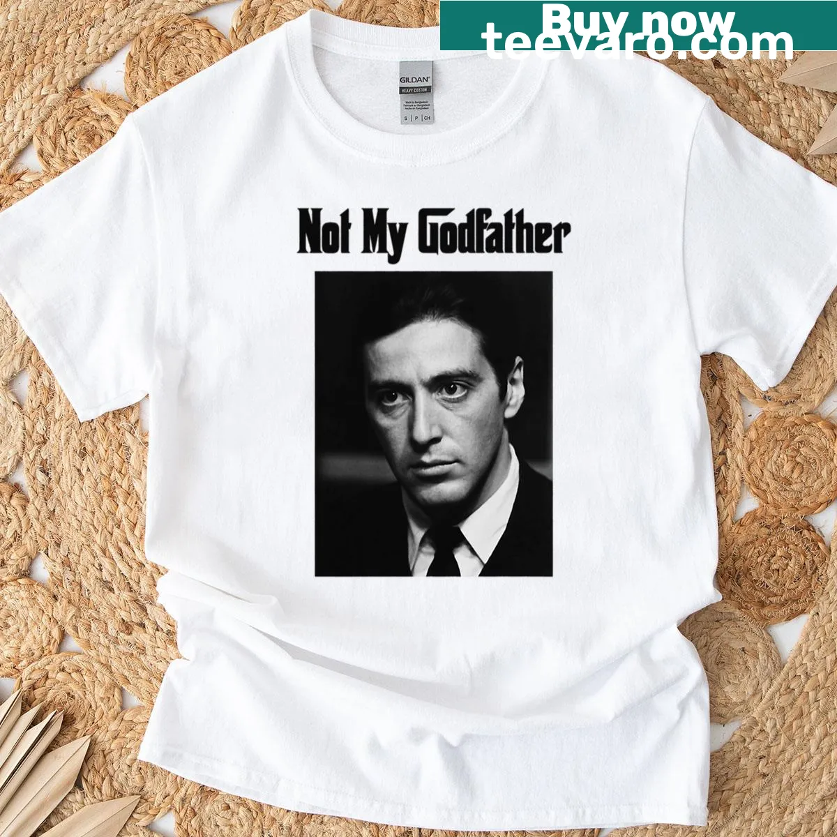 Bold typography Not My Godfather T-shirt referencing Michael Corleone — on a men's t-shirt