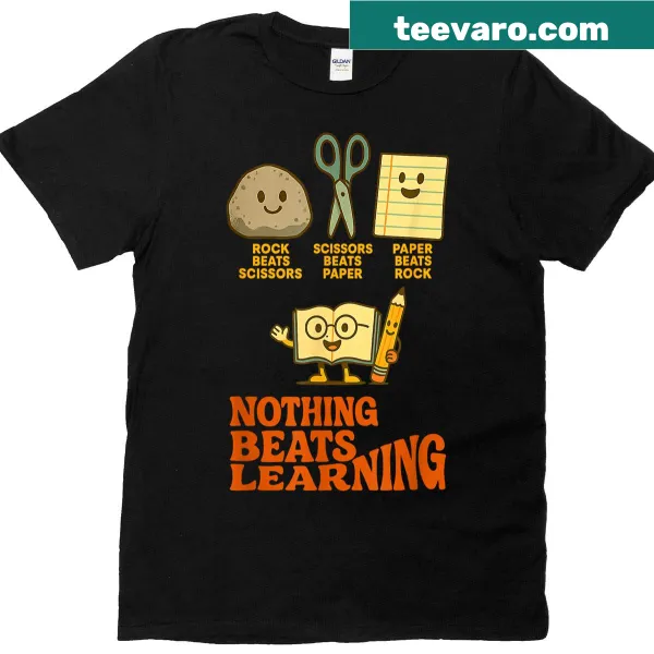 Teacher t-shirt featuring a playful Rock Paper Scissors design