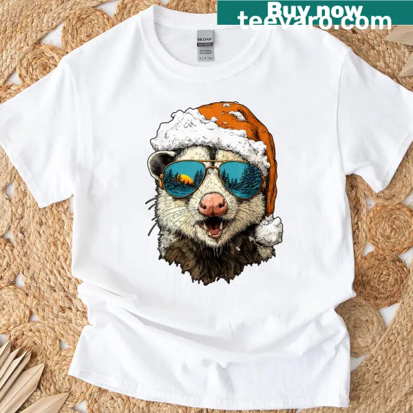 Cute cartoon opossum with sunglasses and Santa hat on T-shirt
