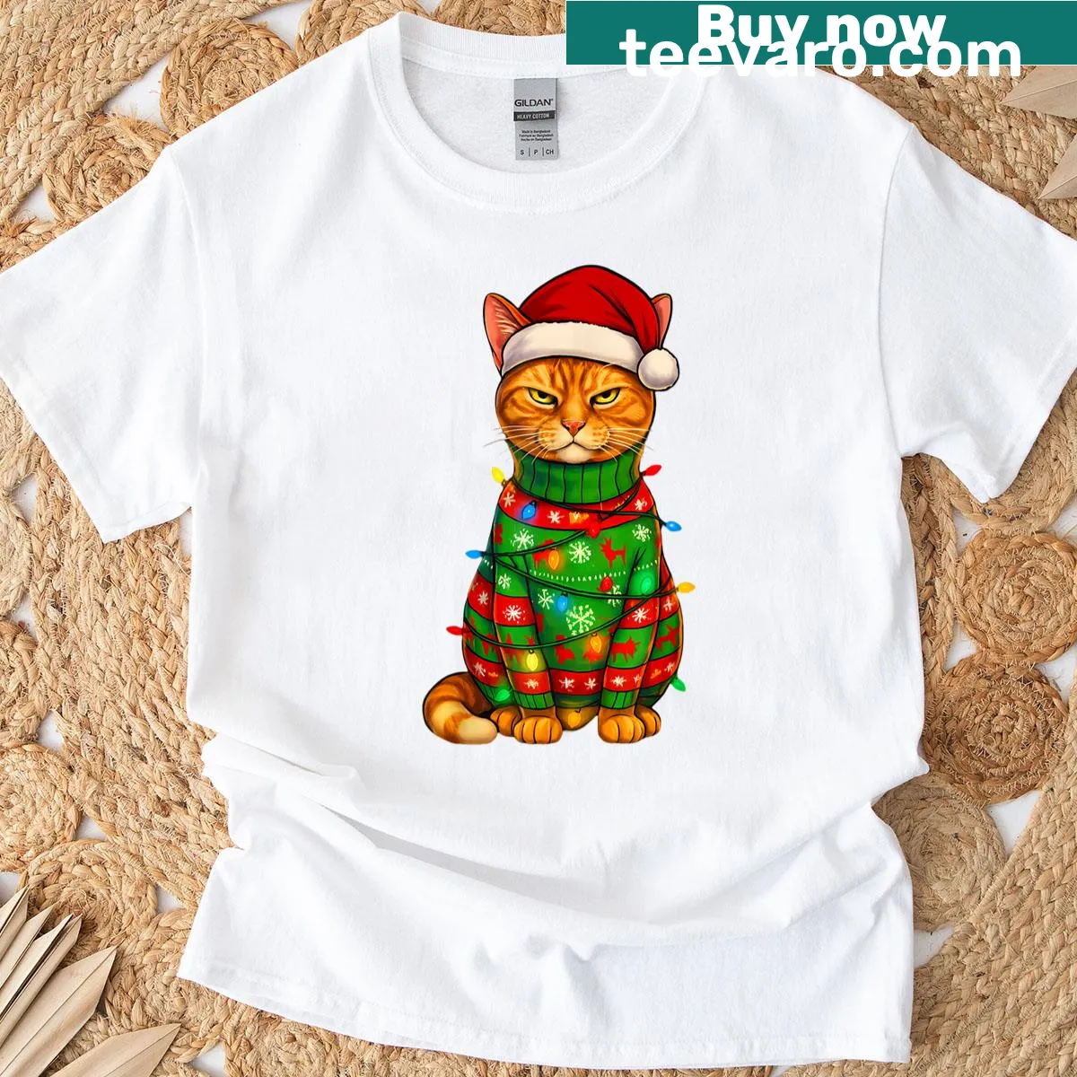 Funny T-shirt featuring an orange tabby cat tangled in Christmas lights — on a men's t-shirt