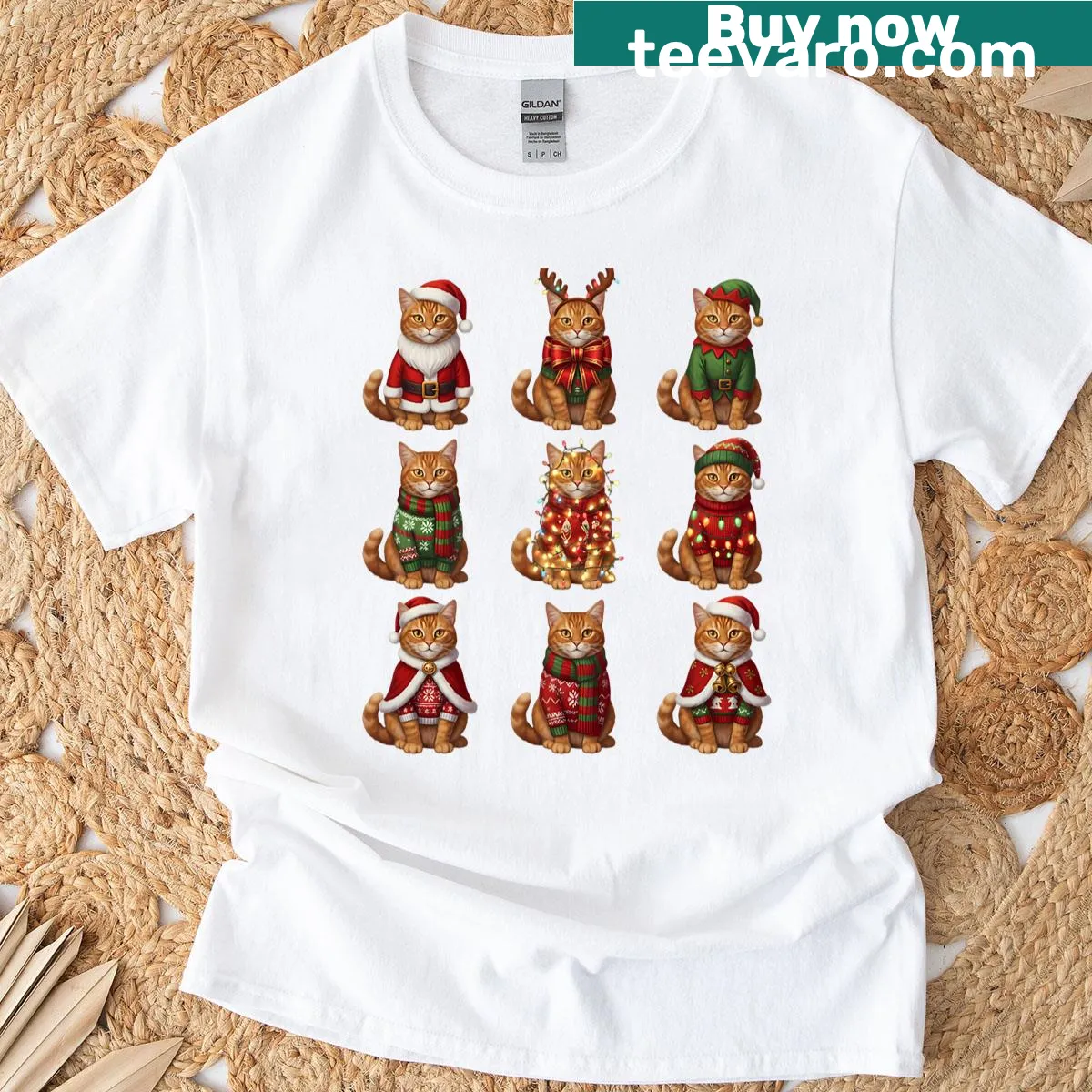 Funny orange tabby cat with Christmas lights on a T-shirt — on a men's t-shirt