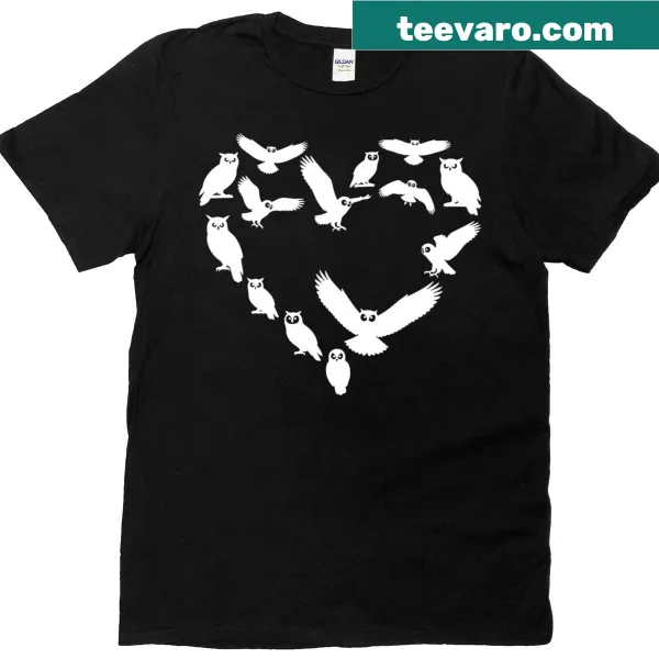Silhouette artwork of owls in heart shape on a T-shirt