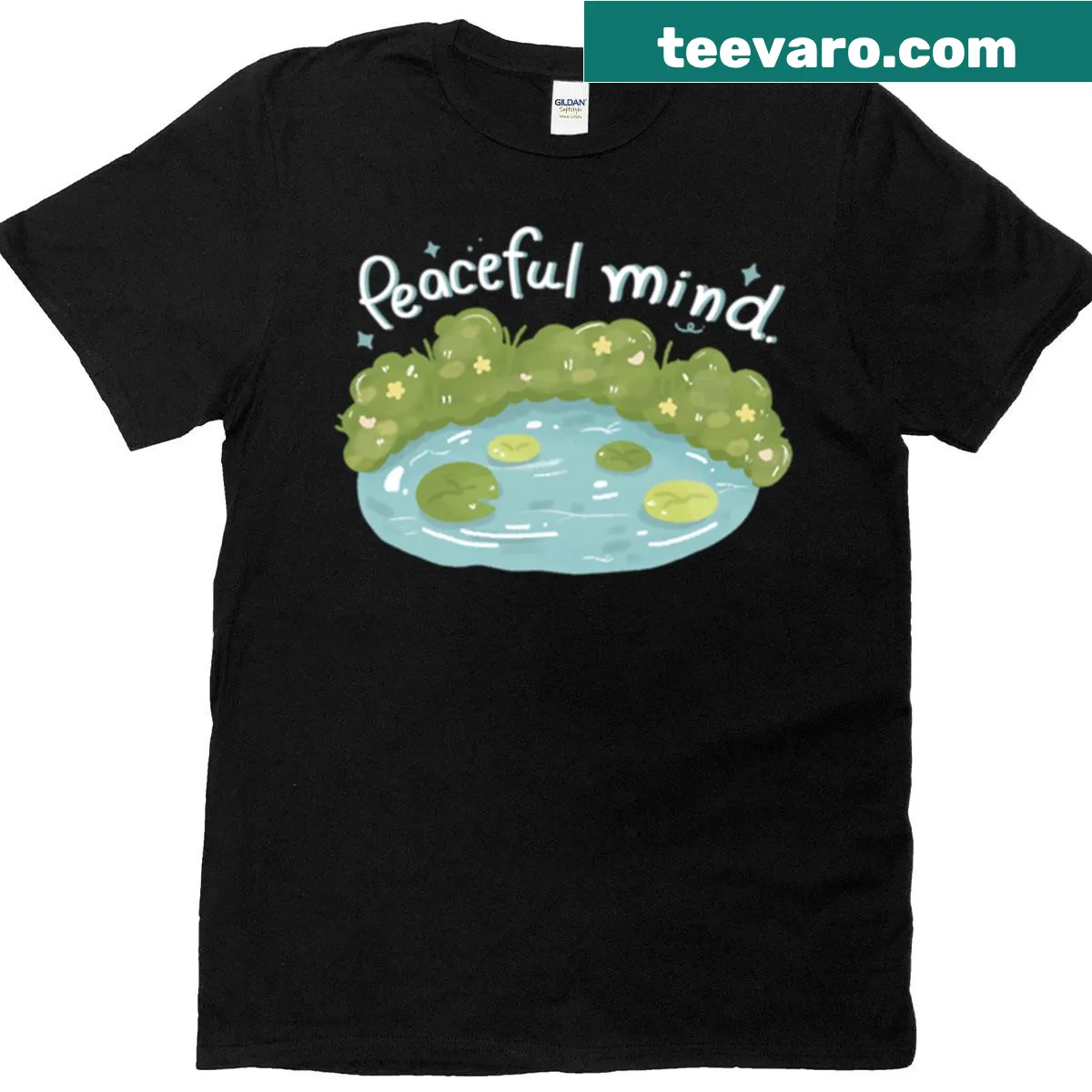 Kawaii-style tee featuring a serene pond illustration for a peaceful vibe. — on a men's t-shirt