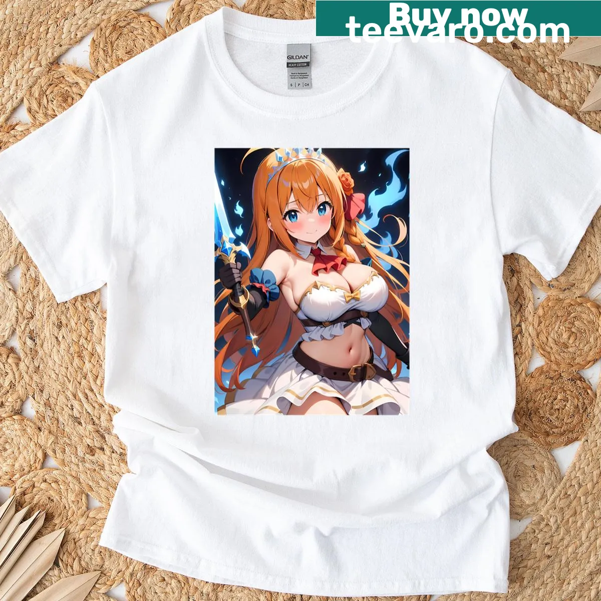 Cartoon Pecorine character with blue flame sword t-shirt — on a men's t-shirt