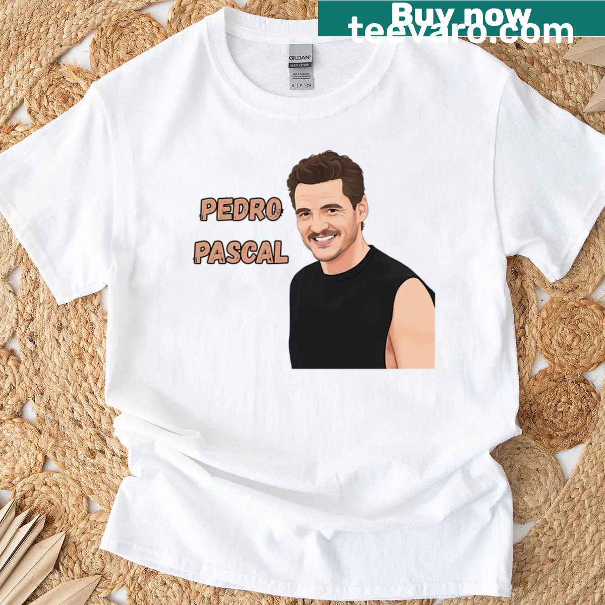 Illustration of Pedro Pascal smiling on a T-shirt — on a men's t-shirt