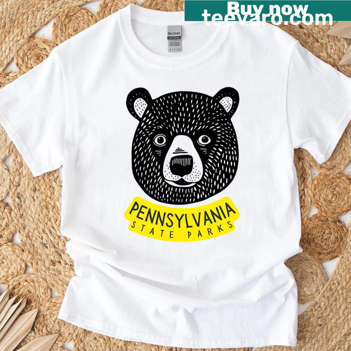 Illustrated bear design T-shirt celebrating Pennsylvania state parks — on a men's t-shirt