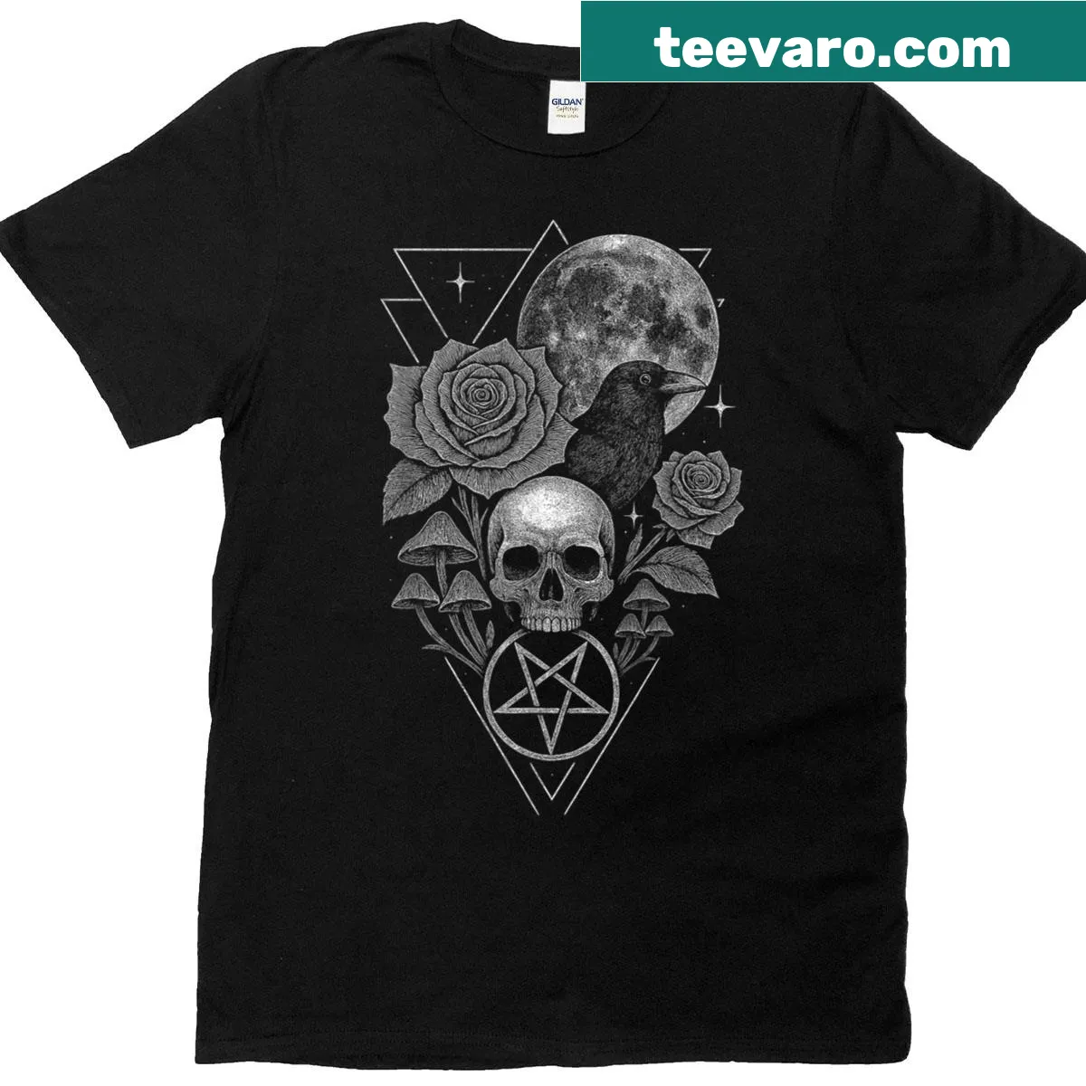 Occult artwork T-shirt with crow, rose, and pentagram design — on a men's t-shirt