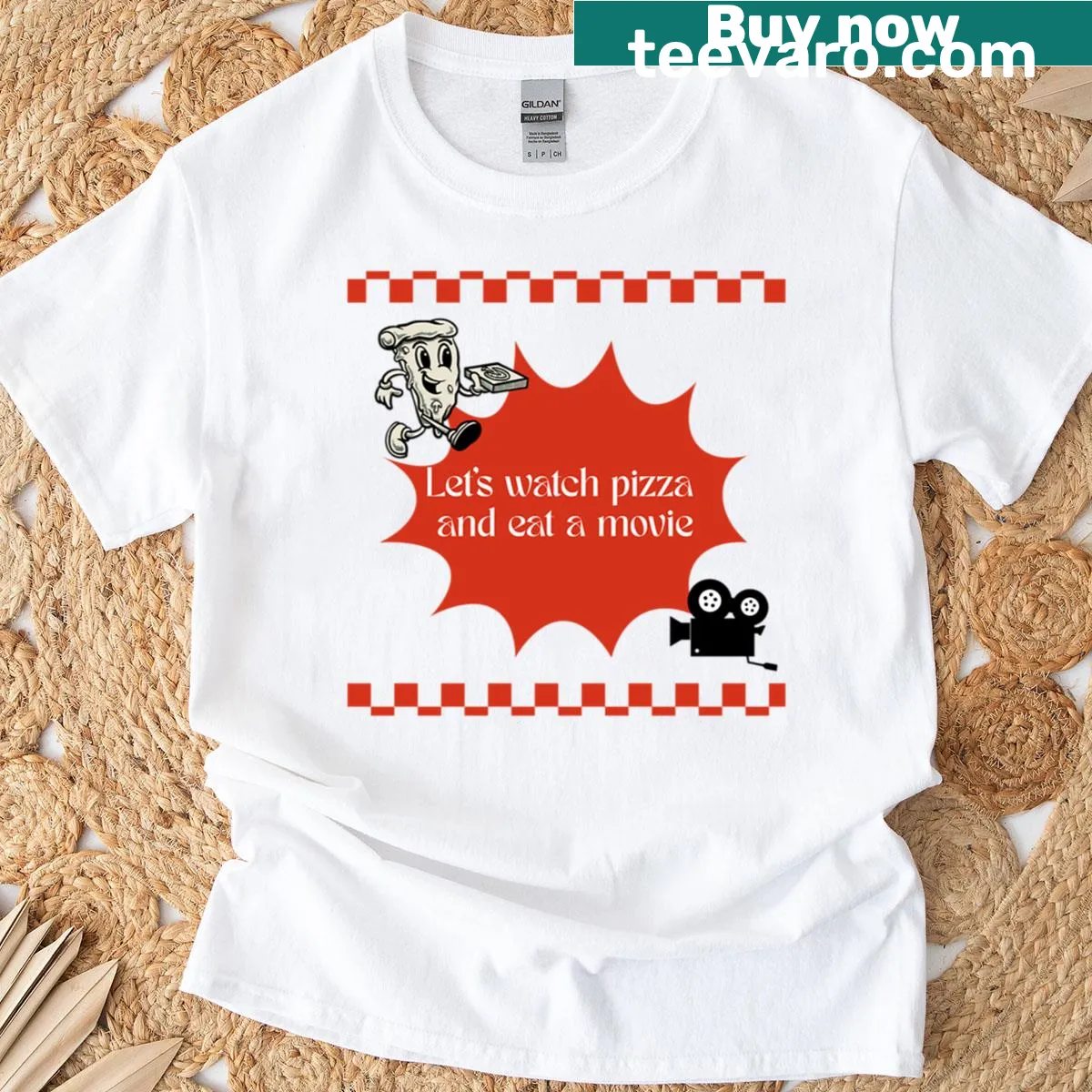 T-shirt featuring a fun graphic of a pizza poster — on a men's t-shirt