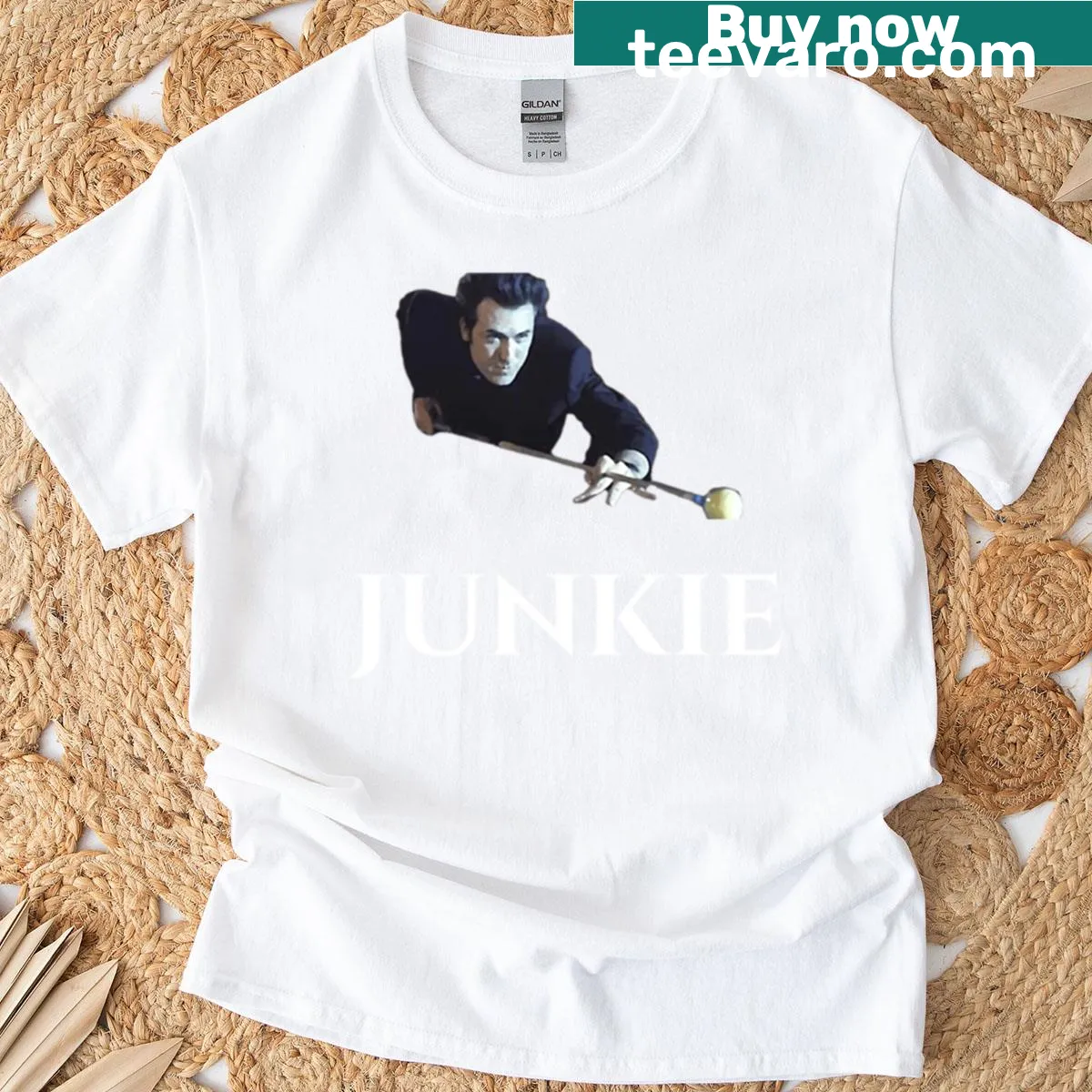 Vintage-style t-shirt with 'Poolhall Junkies' text design — on a men's t-shirt
