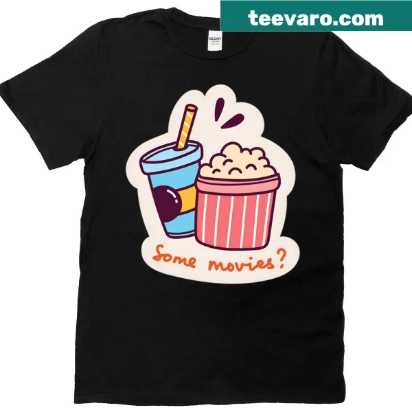 Illustrative tee featuring popcorn and drink for movie night vibes.
