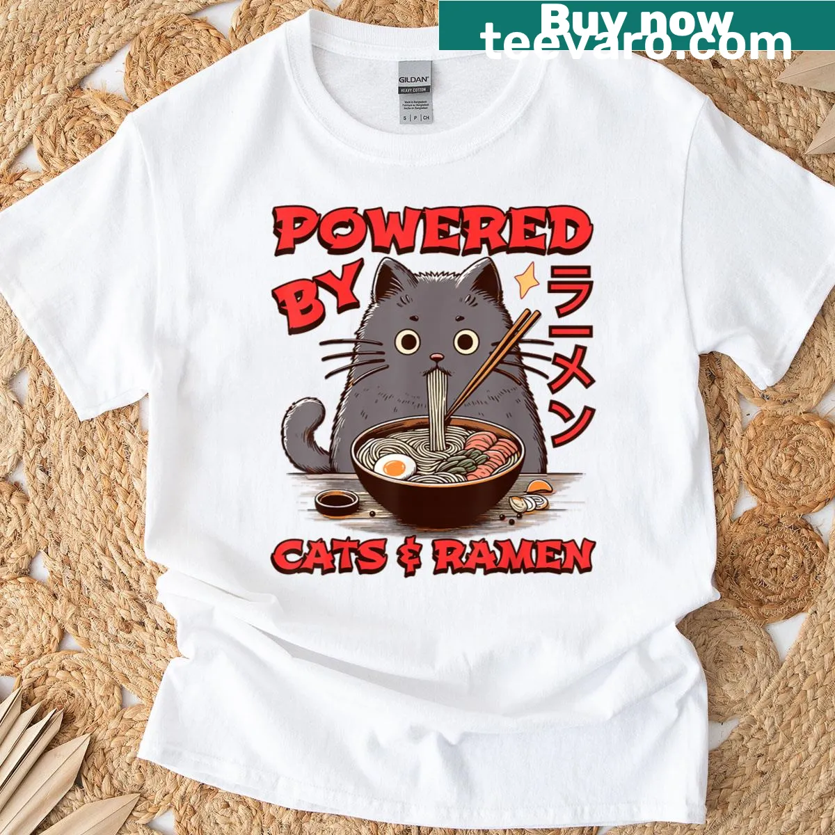 Funny t-shirt featuring cats and ramen graphics. — on a men's t-shirt