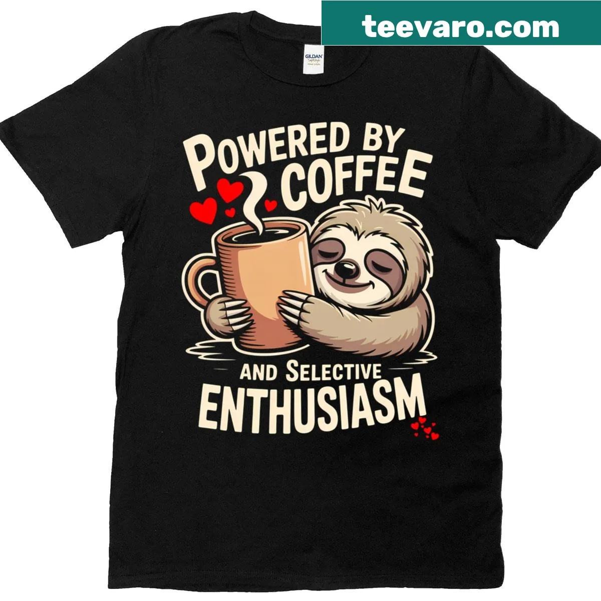 Funny sloth t-shirt with cartoon graphic and playful coffee slogan — on a men's t-shirt