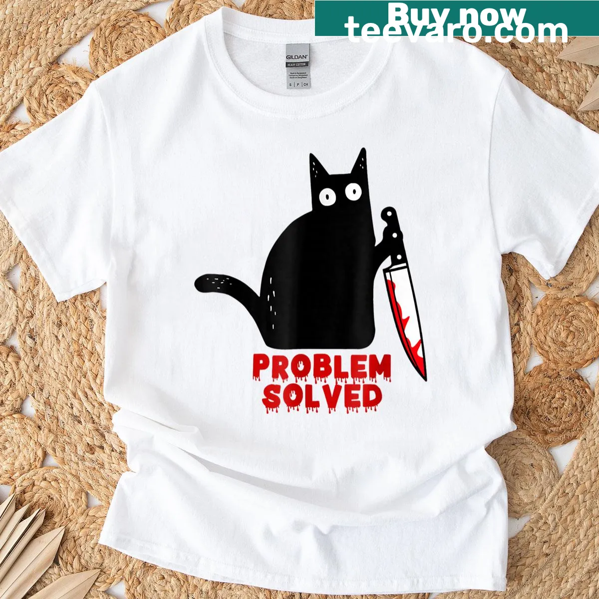 Funny black cat with a bloody knife graphic t-shirt — on a men's t-shirt