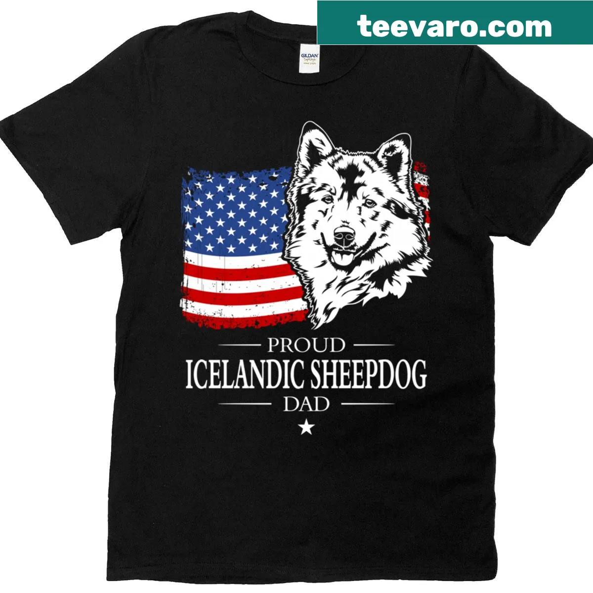 Patriotic tee with 'Icelandic Sheepdog Dad' next to the American flag. — on a men's t-shirt