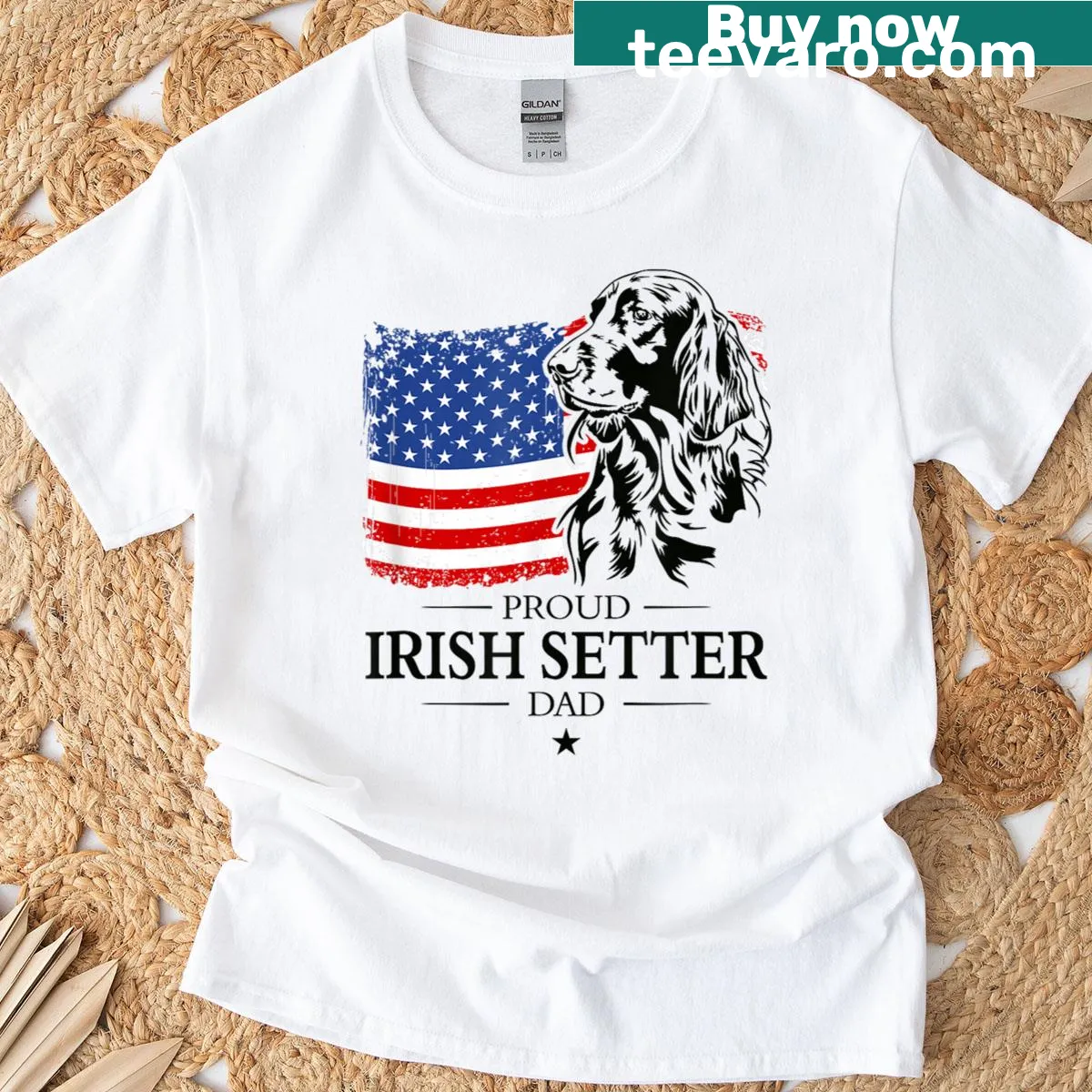 Proud dog dad t-shirt with American flag and Irish Setter text — on a men's t-shirt