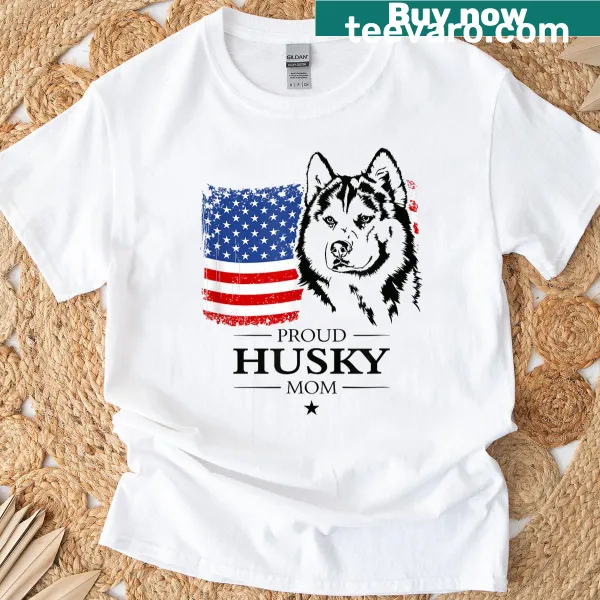 Patriotic Husky Mom T-shirt with American flag illustration