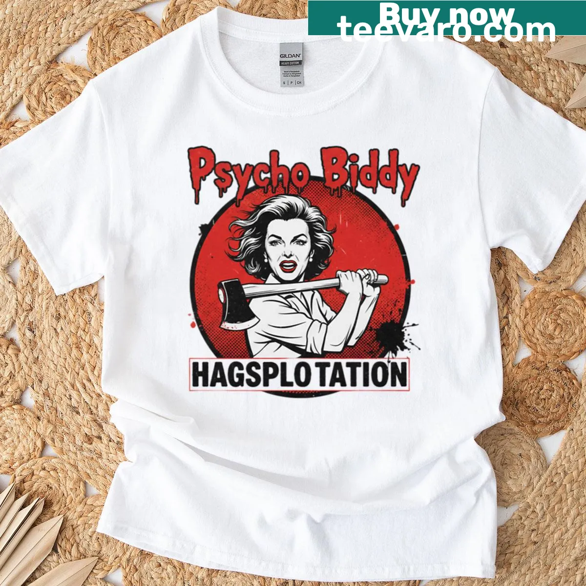 Vintage distressed t-shirt celebrating Psycho Biddy Hagsploitation — on a men's t-shirt