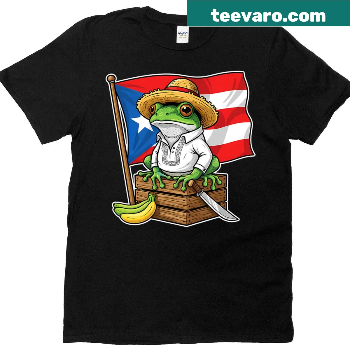Puerto Rican flag graphic with coqui frog and humorous design — on a men's t-shirt