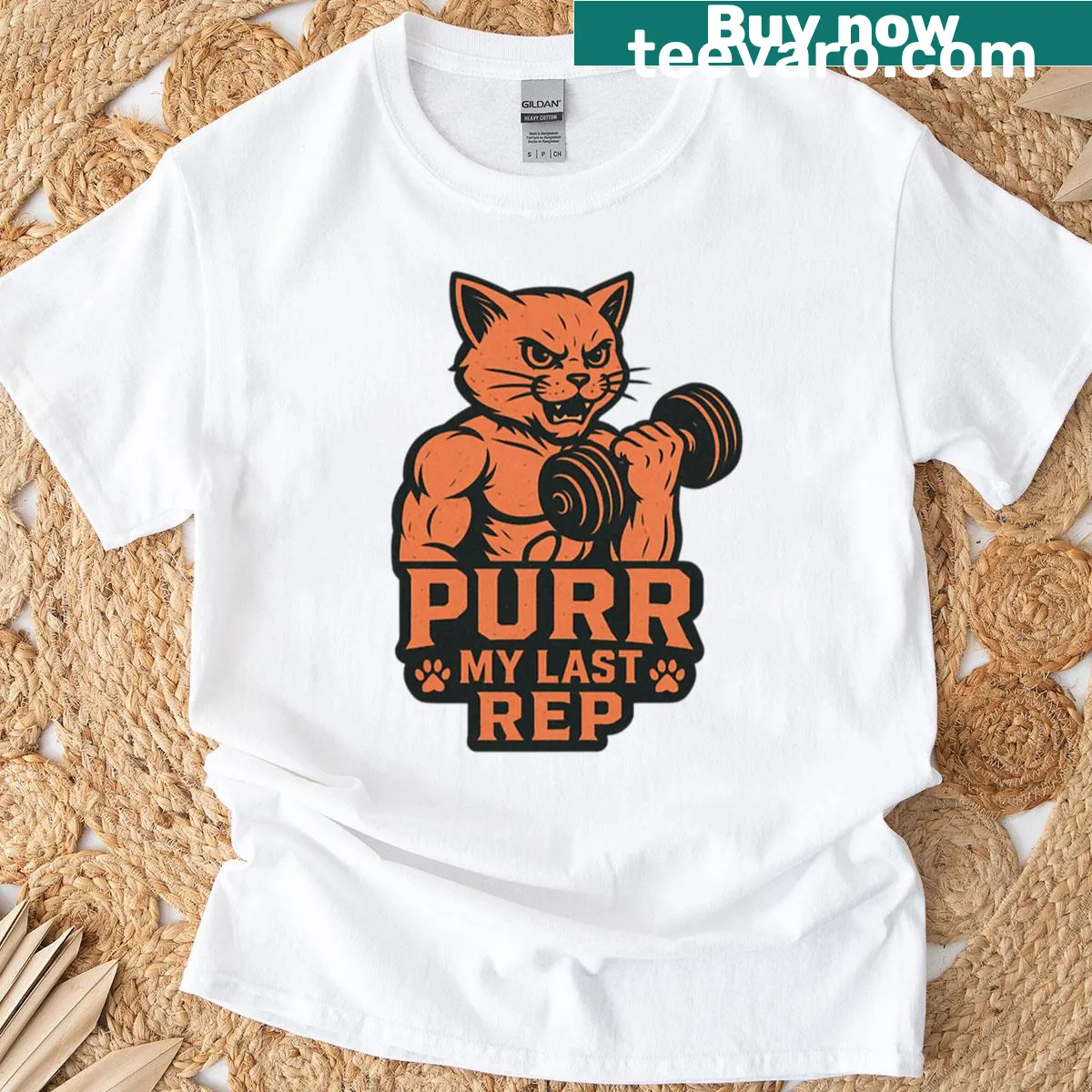 Cute fitness t-shirt with kawaii cat design and motivational text — on a men's t-shirt