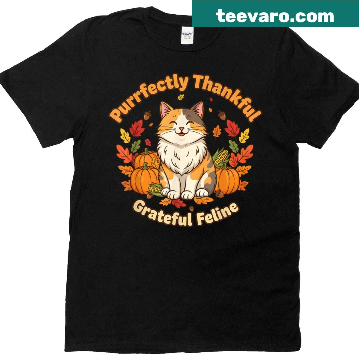 Thanksgiving T-shirt featuring a cute cat and autumn pumpkins — on a men's t-shirt