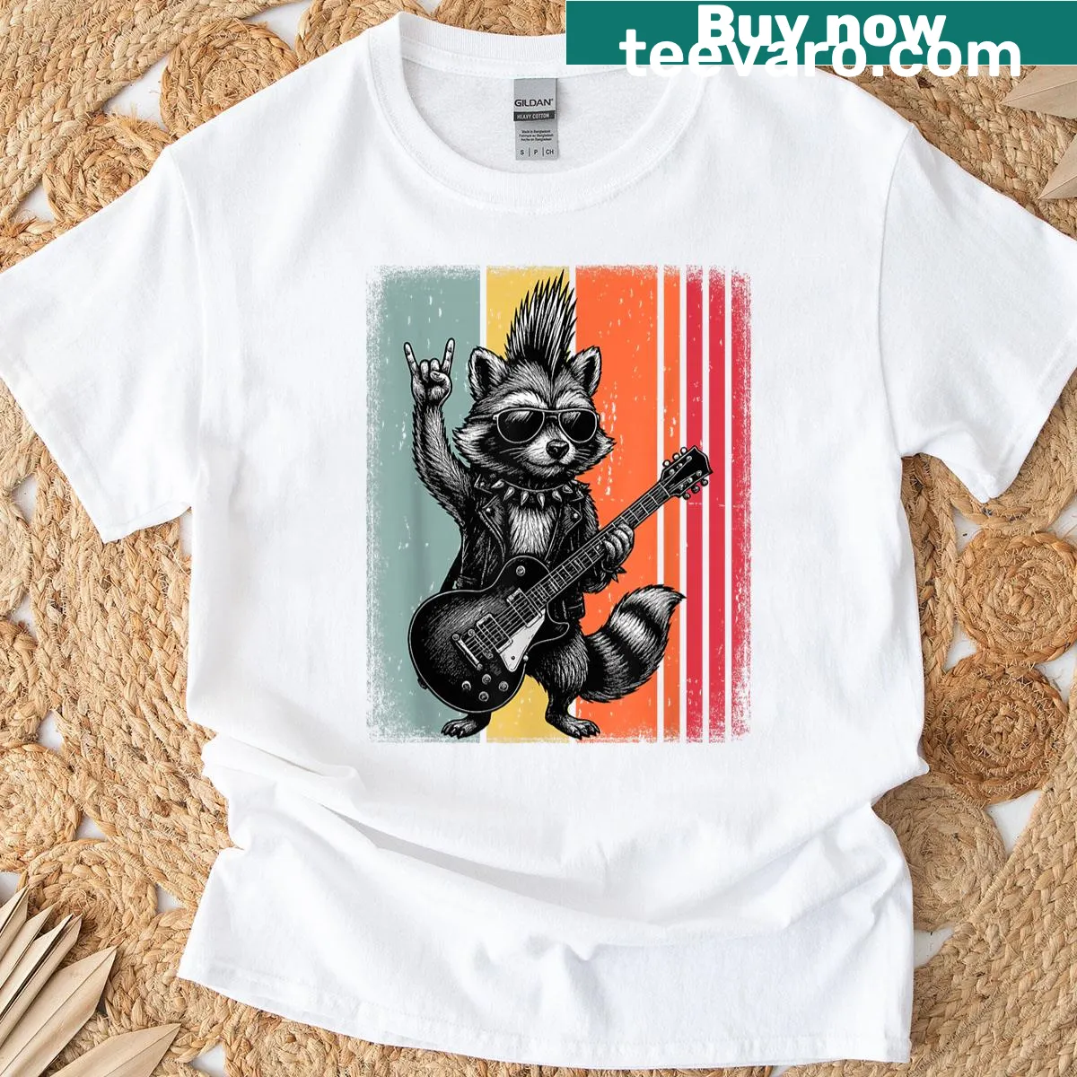 Vintage t-shirt featuring a punk rock raccoon design — on a men's t-shirt