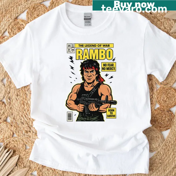 Retro-inspired fan art t-shirt featuring Rambo, the iconic action hero