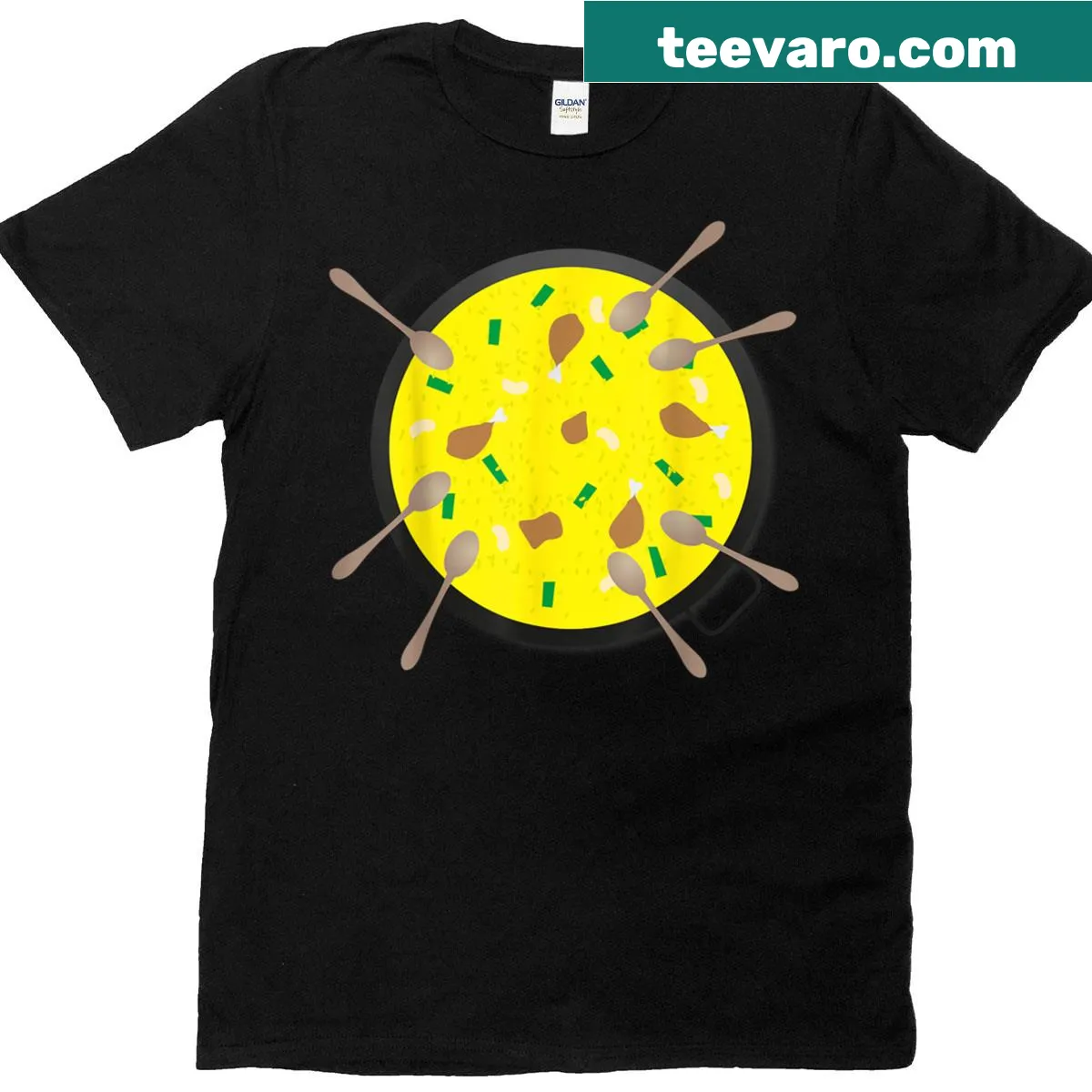 Paella-themed t-shirt celebrating Spanish cuisine and food love. — on a men's t-shirt