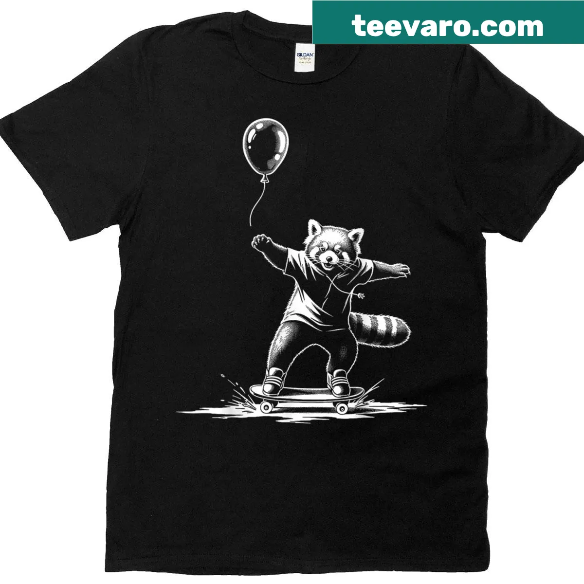 Whimsical red panda skating and tossing water balloons illustration t-shirt — on a men's t-shirt