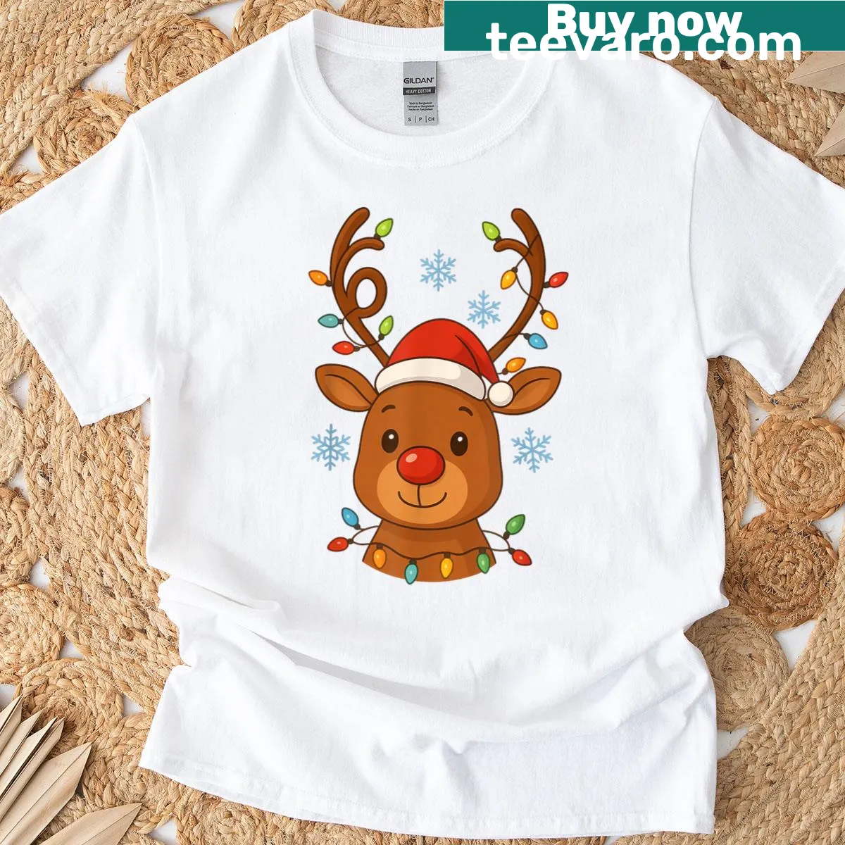 Vintage distressed T-shirt featuring reindeer with Santa hat and Christmas lights — on a men's t-shirt