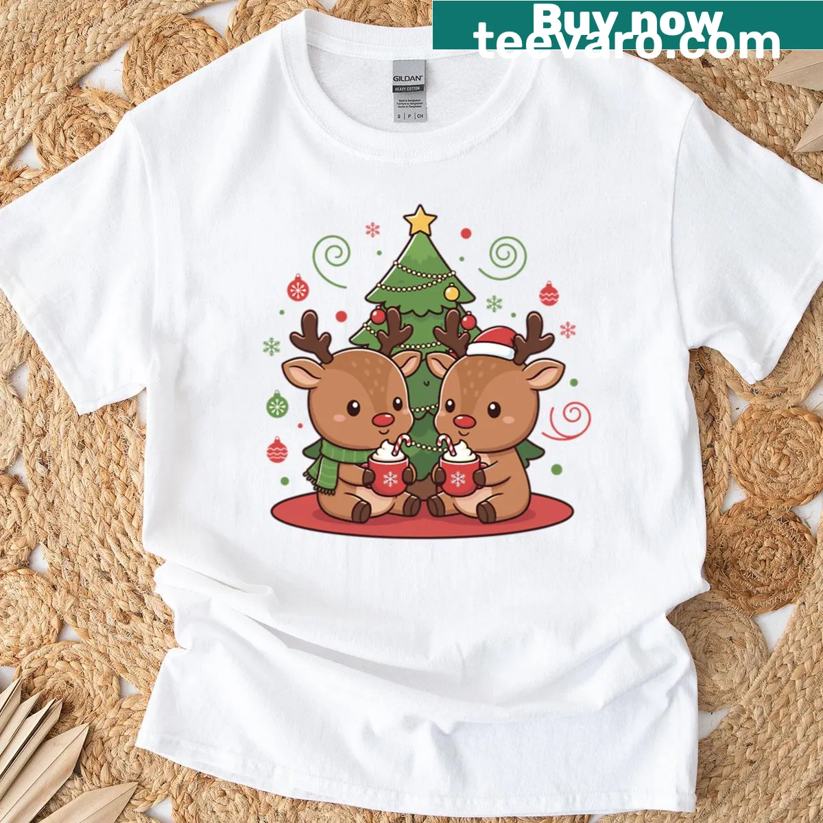 Chibi reindeers enjoying hot cocoa graphic on a t-shirt — on a men's t-shirt