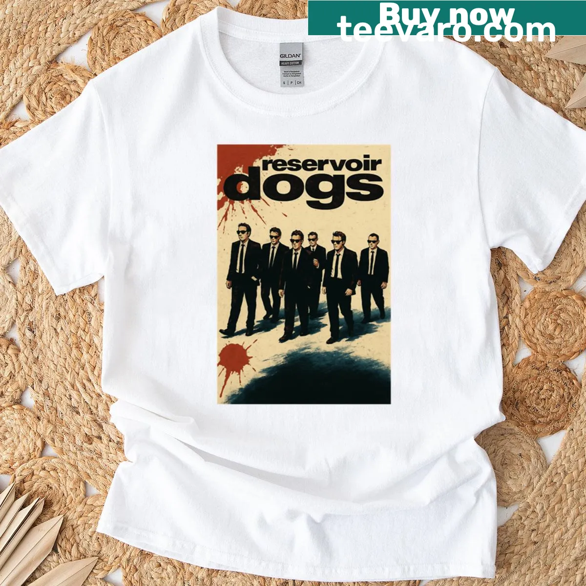 Res Dogs t-shirt with film-inspired graphics. — on a men's t-shirt