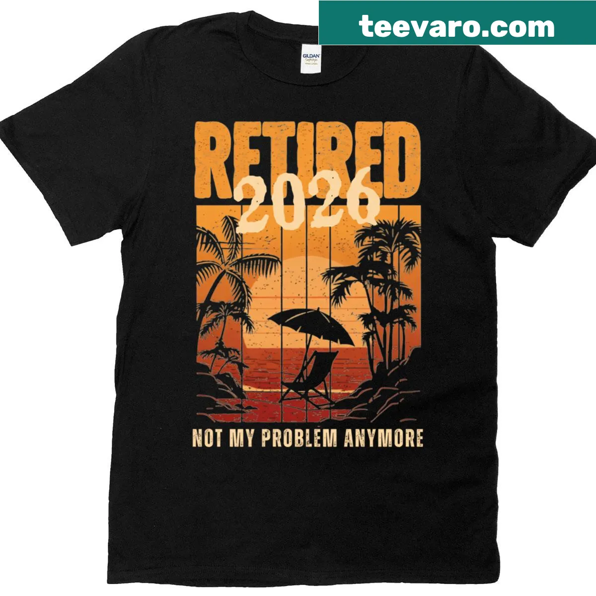 Vintage retirement T-shirt with a beach sunset design — on a men's t-shirt